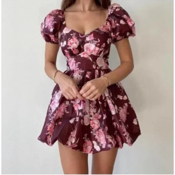 LoveShackFancy Dress Size 8 Hansel Oxblood Bubble Skirt Fitted Bodice Satin Bow - Picture 4 of 11